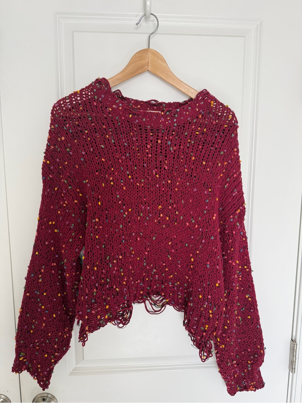 Pink Lily Open-Knit confetti Crewneck distressed Sweater small